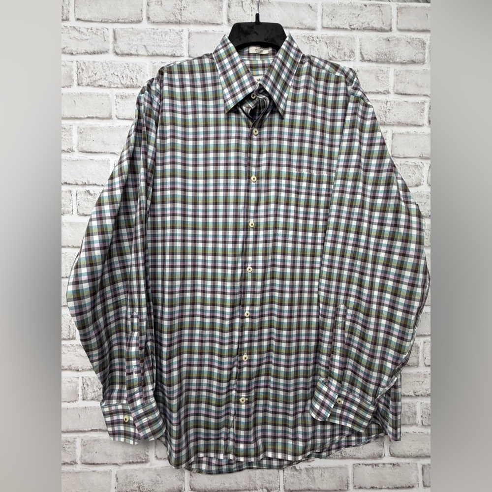 Peter Millar sz Large Teal and Blue Plaid Button-Down Shirt